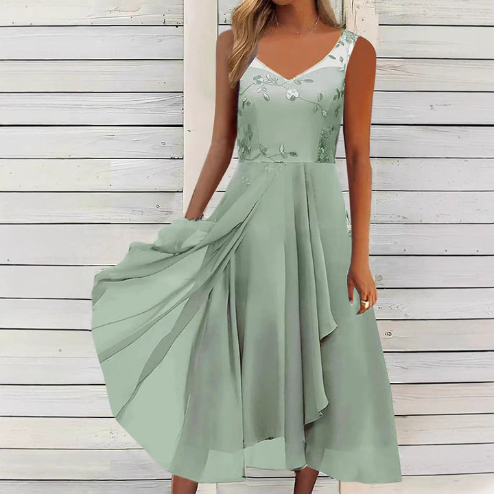 Damen nan A-Linien-Chiffonkleid mit floralem Stickoberteil, V-Ausschnitt, drapiertem Godet-Schwung und verdeckten Seitentaschen
