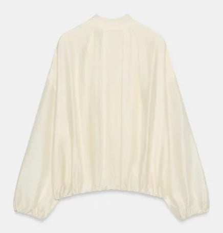 Damen Gestreifte Cropped Blousonjacke mit Stehkragen, Reißverschluss und Ballonärmeln Nord Taschen