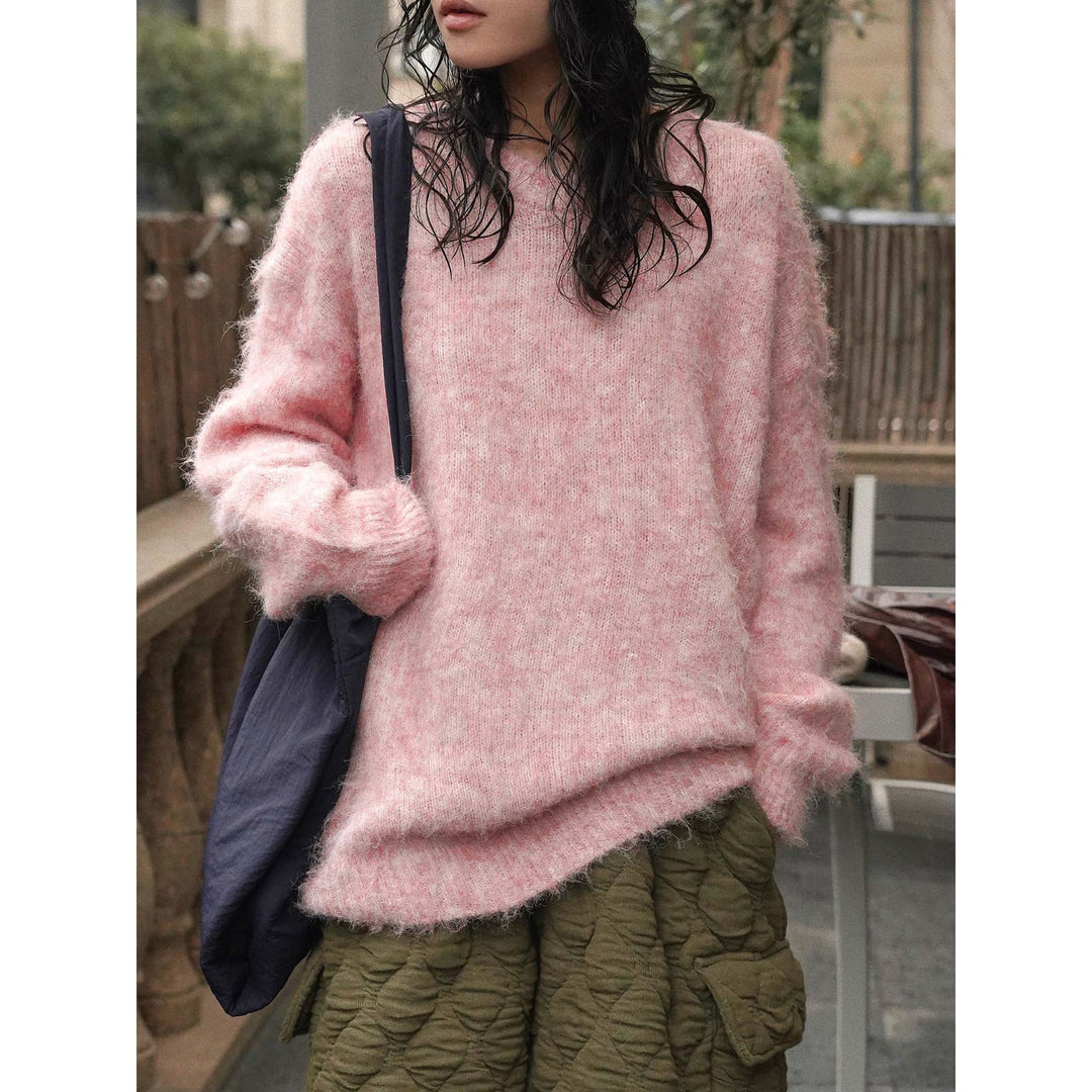 Damen Weicher Oversize Mohair‑Optik Pullover mit geripptem Saum und Rundhalsausschnitt Nord Taschen