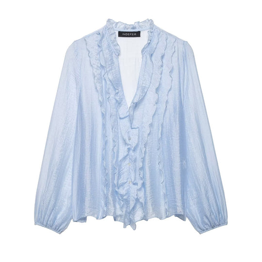 Damen Leichte Chiffon-Bluse mit Volantknopfleiste und Ballonärmeln Nord Taschen