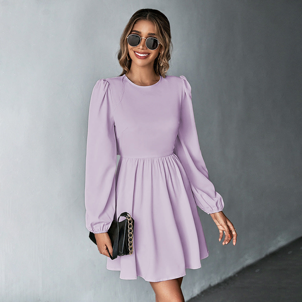 Damen schickes Cocktailkleid mit geraffter Taille, langen Ballonärmeln und rundem Ausschnitt Nord Taschen