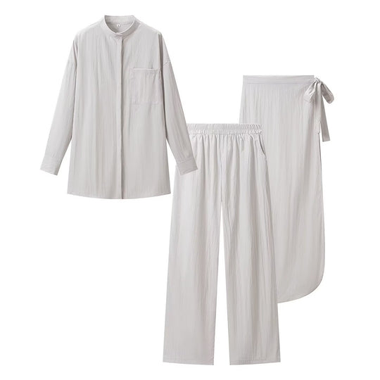 Damen Dreiteiliges Relax-Loungewear-Set mit Stehkragen, elastischer Highwaist-Hose und Wickelrock Nord Taschen