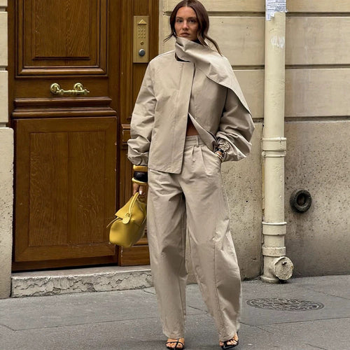 Damen Zweiteiliges Oversize-Hosenanzug-Set mit asymmetrischem Stehkragen Nord Taschen