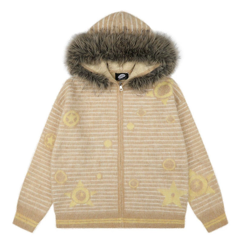 Damen Kapuzen-Strickjacke mit Fellbesatz, gestreifter Mohair‑Optik und Sternapplikationen Nord Taschen
