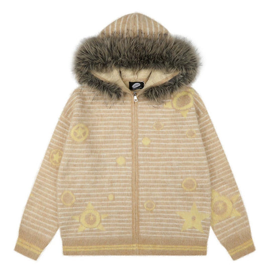 Damen Kapuzen-Strickjacke mit Fellbesatz, gestreifter Mohair‑Optik und Sternapplikationen Nord Taschen