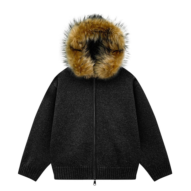 Damen Strick-Bomberjacke mit Kapuze und abnehmbarem Kunstfellbesatz Nord Taschen