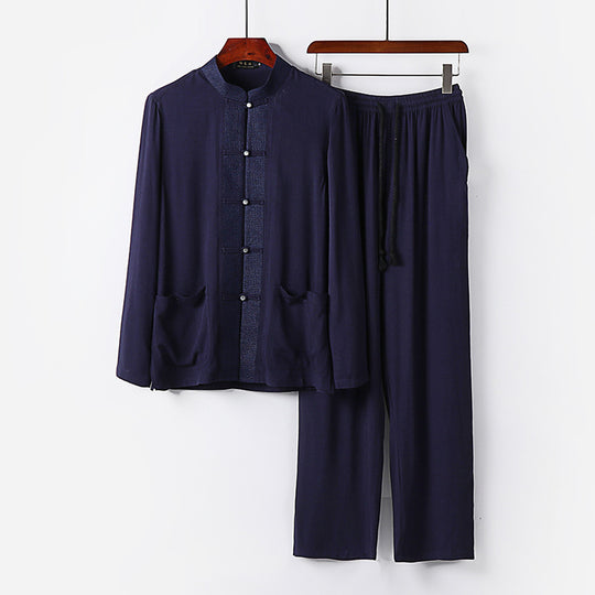 Herren Traditionelles Baumwoll-Loungewear-Set mit Stehkragen Knotenknöpfen und Kordelbundhose Nord Taschen