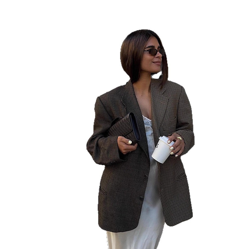 Damen Oversize Glencheck-Longblazer mit kastiger Silhouette und strukturierter Schulter Nord Taschen