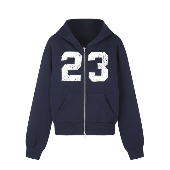 Damen Zip‑Hoodie im Boxy‑Schnitt mit Kängurutasche und Nummernprint Nord Taschen