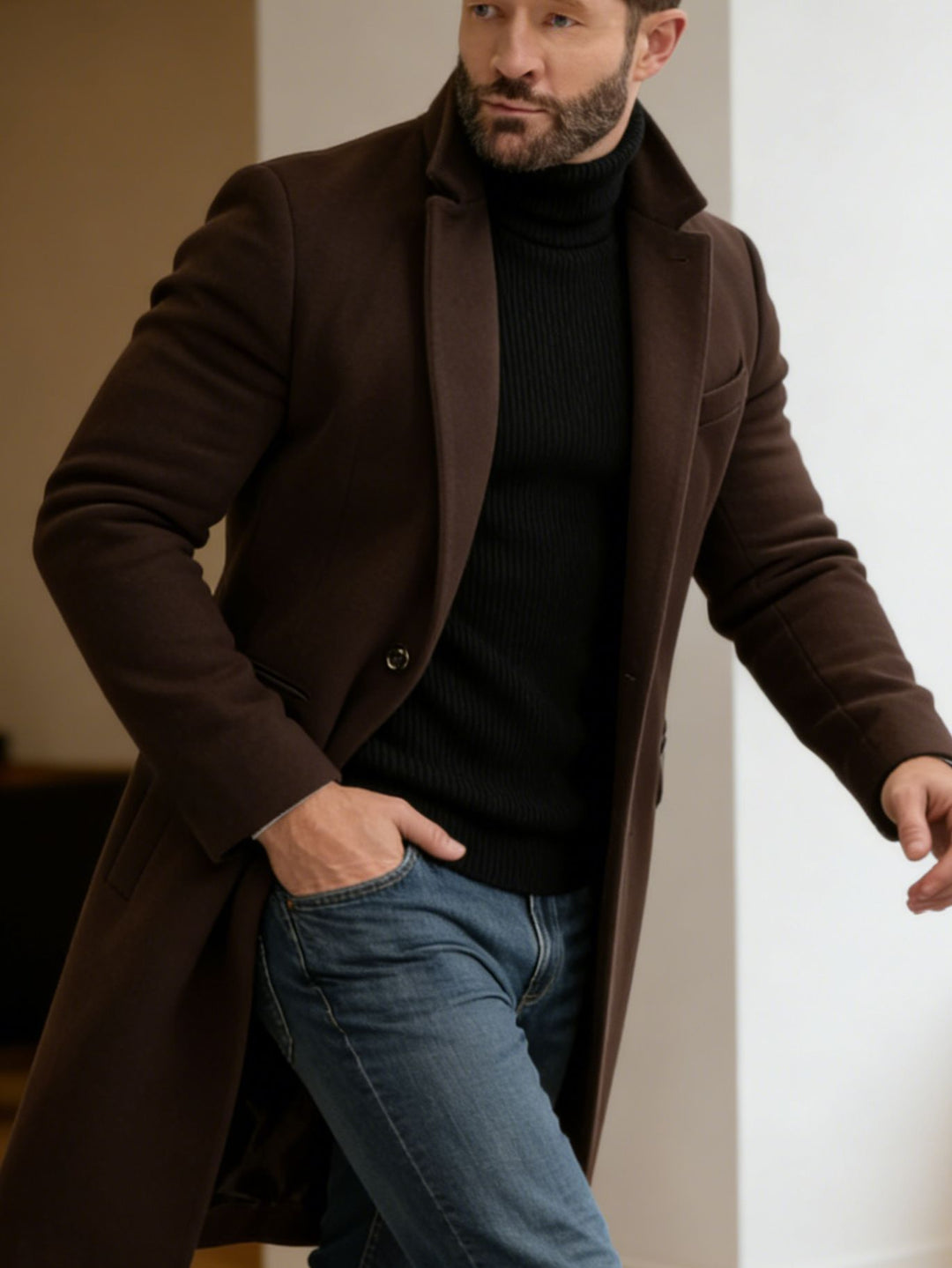 Herren Langer taillierter Wollmantel mit Reverskragen und Pattentaschen Nord Taschen