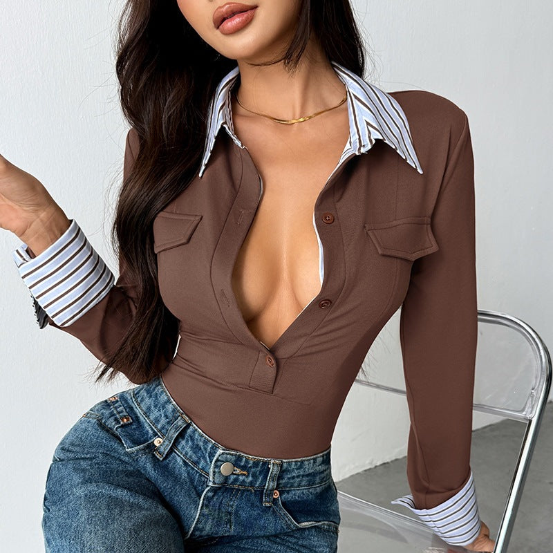 Damen Elegantes langärmliges Body mit Hemdkragen und Knopfdetails Nord Taschen