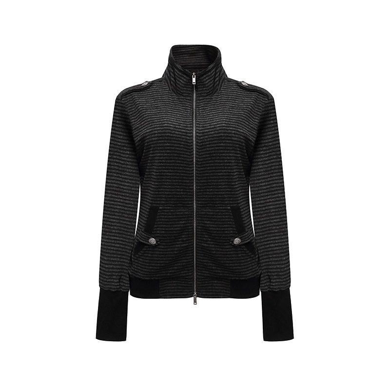 Damen Gestreifte Zipjacke mit Stehkragen, Schulterpattendetail und verlängerten Manschetten Nord Taschen