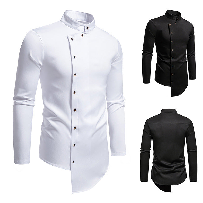 Herren elegantes Langarm-Hemd mit modernem Stehkragen und asymmetrischem Schnitt Nord Taschen
