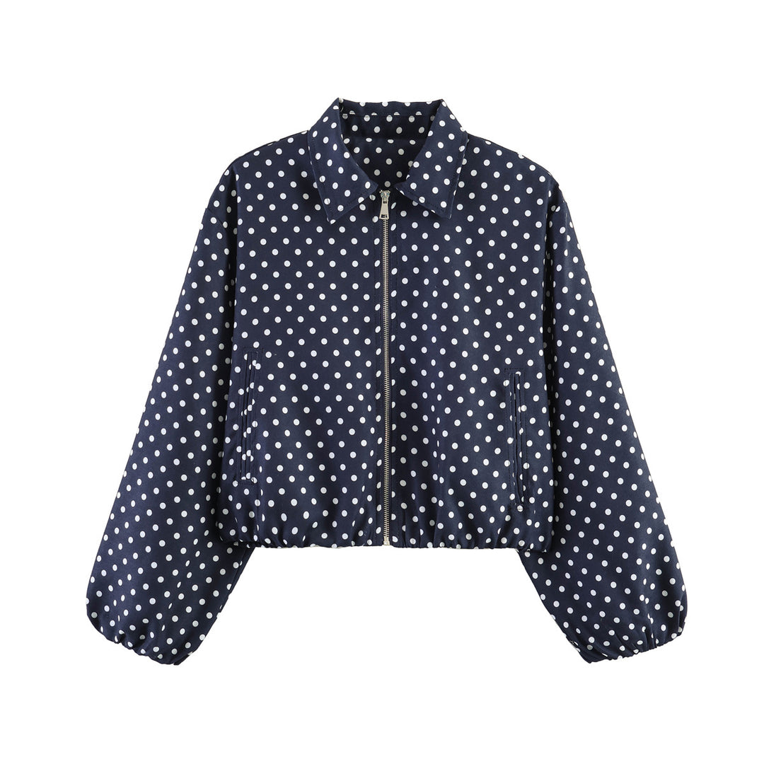 Damen Kurzjacke im Harrington‑Stil mit Polka‑Dot‑Muster, Ballonärmeln und elastischem Saum Nord Taschen
