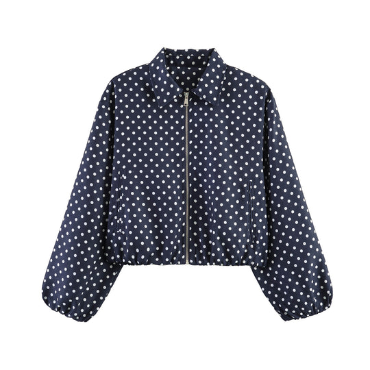 Damen Kurzjacke im Harrington‑Stil mit Polka‑Dot‑Muster, Ballonärmeln und elastischem Saum Nord Taschen