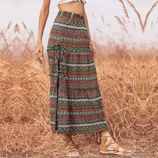 Damen Langer Boho-Maxirock mit Ethno-Print und seitlichen Bindebändern Nord Taschen