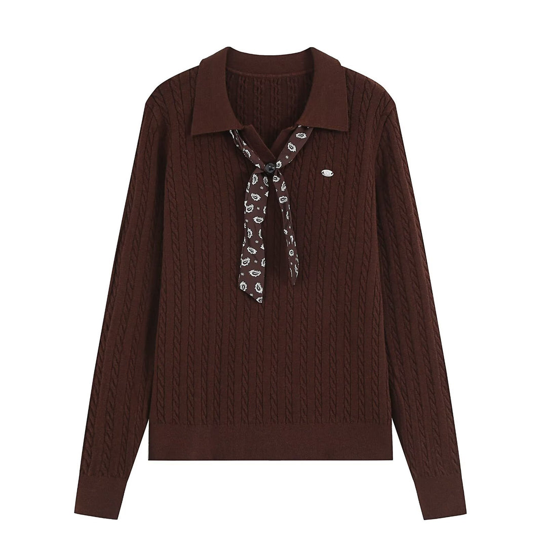 Damen Strickpullover mit Troyer‑Kragen und Zierkrawatte Nord Taschen