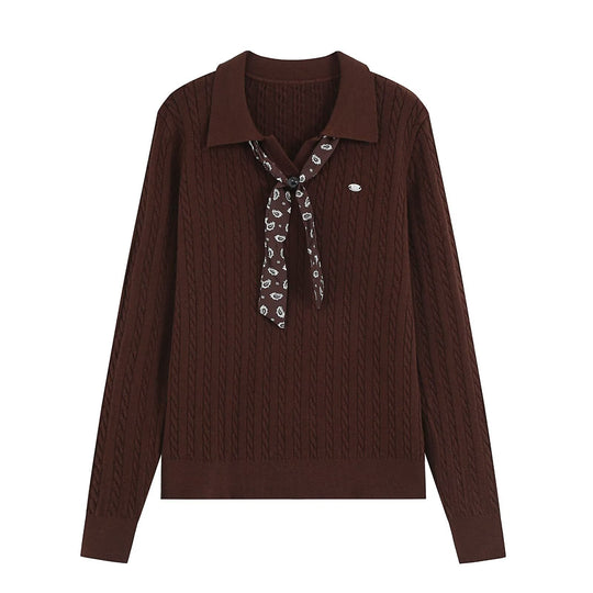 Damen Strickpullover mit Troyer‑Kragen und Zierkrawatte Nord Taschen
