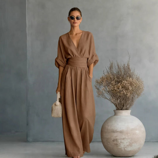 Damen Weit geschnittener Jumpsuit mit eleganten Drapierungen und V-Ausschnitt Nord Taschen