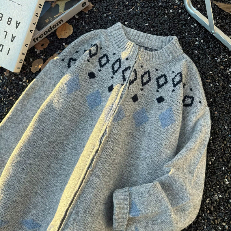 Unisex Grobgestrickte Norweger-Cardigan mit Rundhals, durchgehendem Reißverschluss und Jacquard‑Yoke Nord Taschen