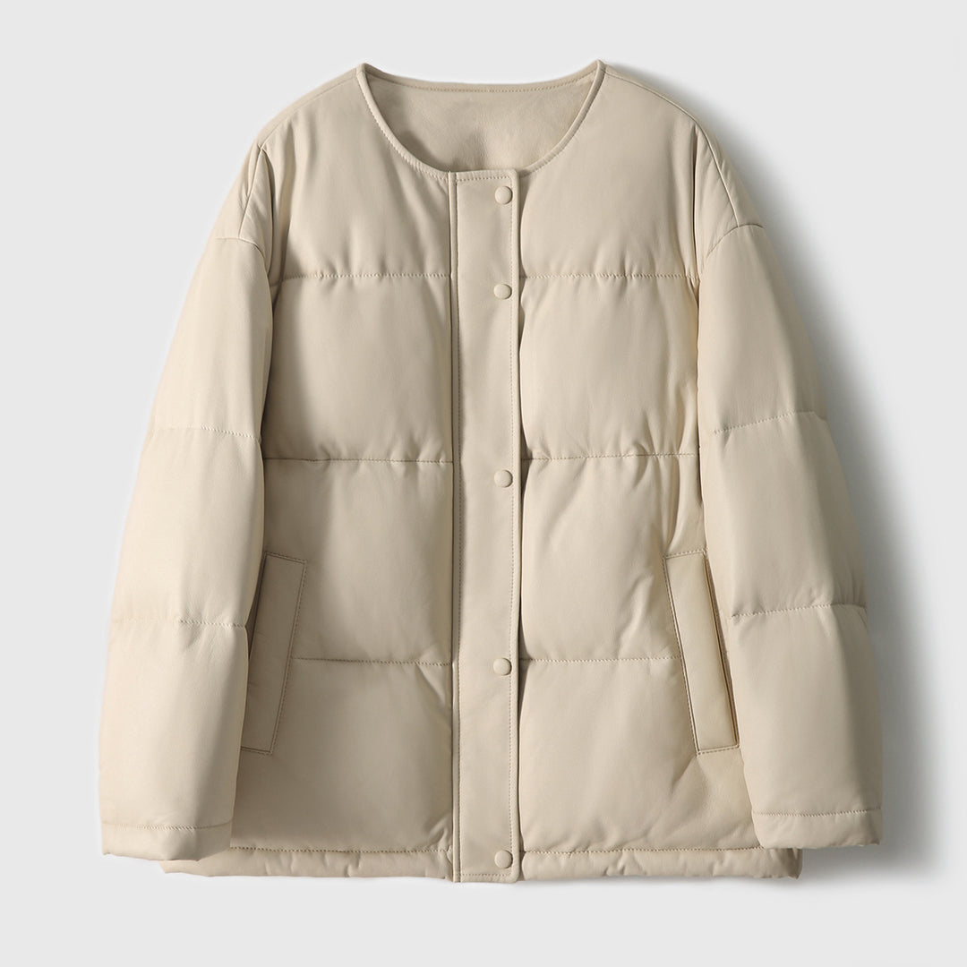 Damen Kurz geschnittene wattierte Kunstlederjacke mit Rundhalsaum und Druckknopfleiste Nord Taschen