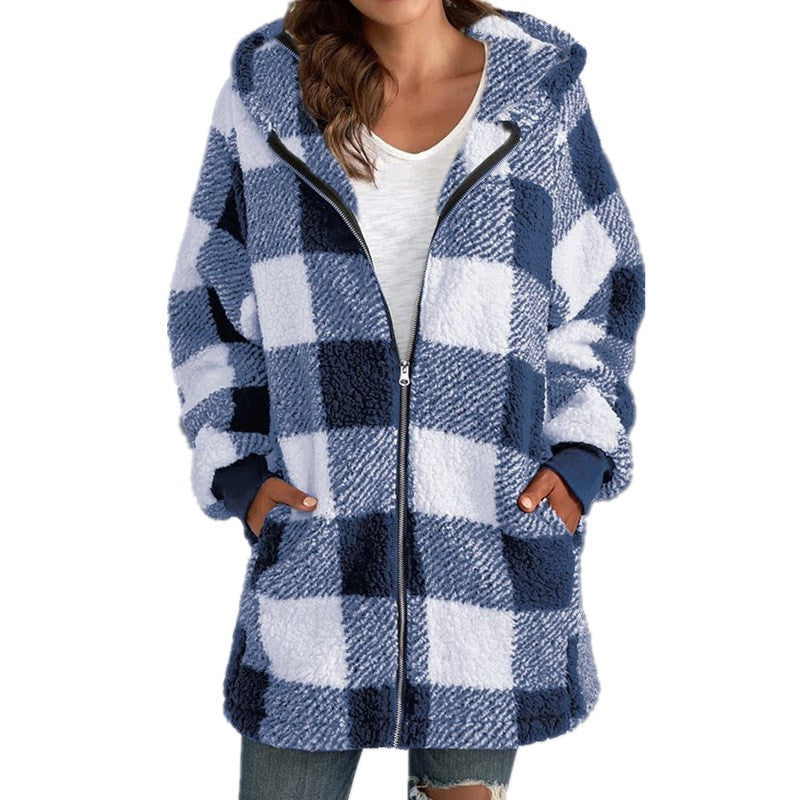 Damen Kariertes Teddy-Fleece-Mantel mit Kapuze und Reißverschluss Nord Taschen