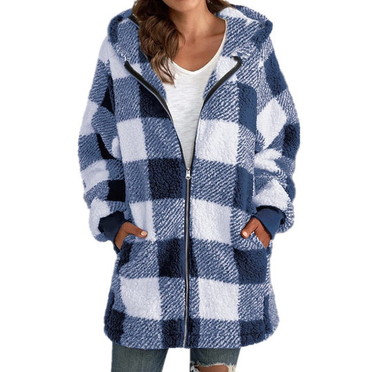 Damen Kariertes Teddy-Fleece-Mantel mit Kapuze und Reißverschluss Nord Taschen