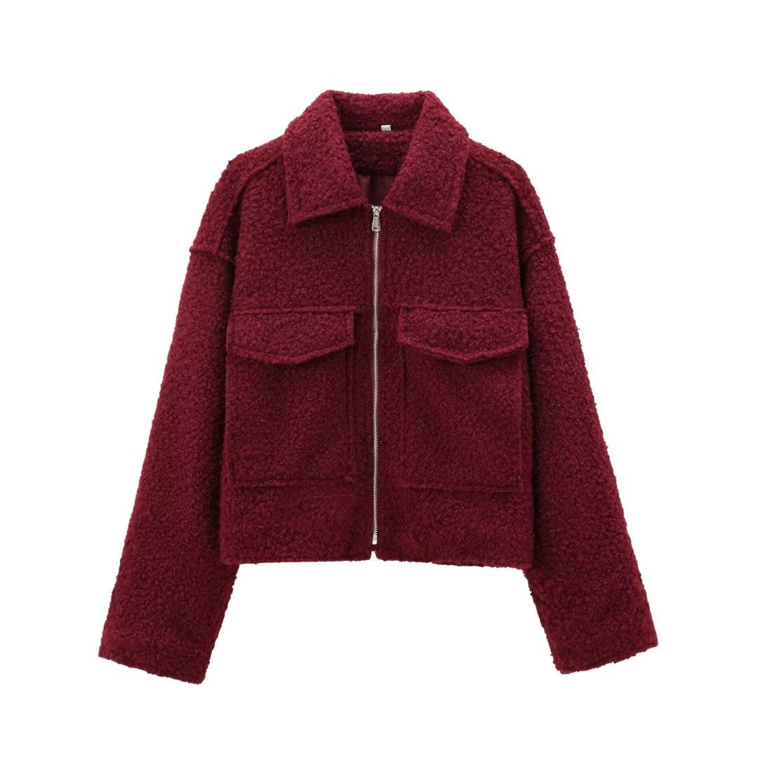 Damen Kurz geschnittene Teddyjacke mit Reißverschluss, Kragen und aufgesetzten Klappentaschen Nord Taschen