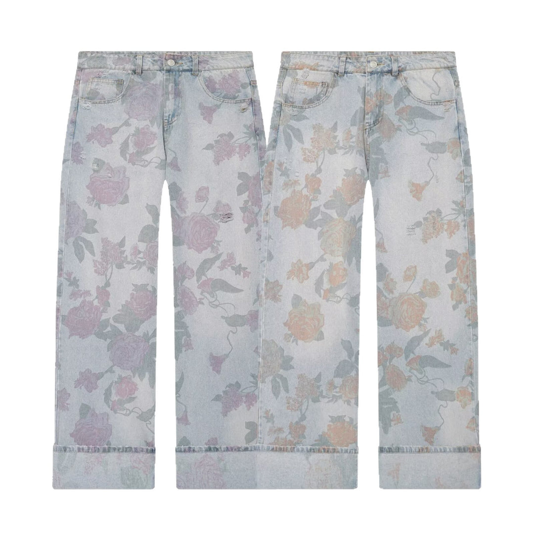 Damen Weite Blumenprint-Denimhose mit geradem Bein und Umschlag Nord Taschen