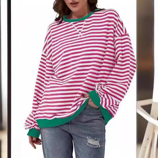 Damen Gestreifter Oversize Pullover mit Kontrastbündchen Nord Taschen