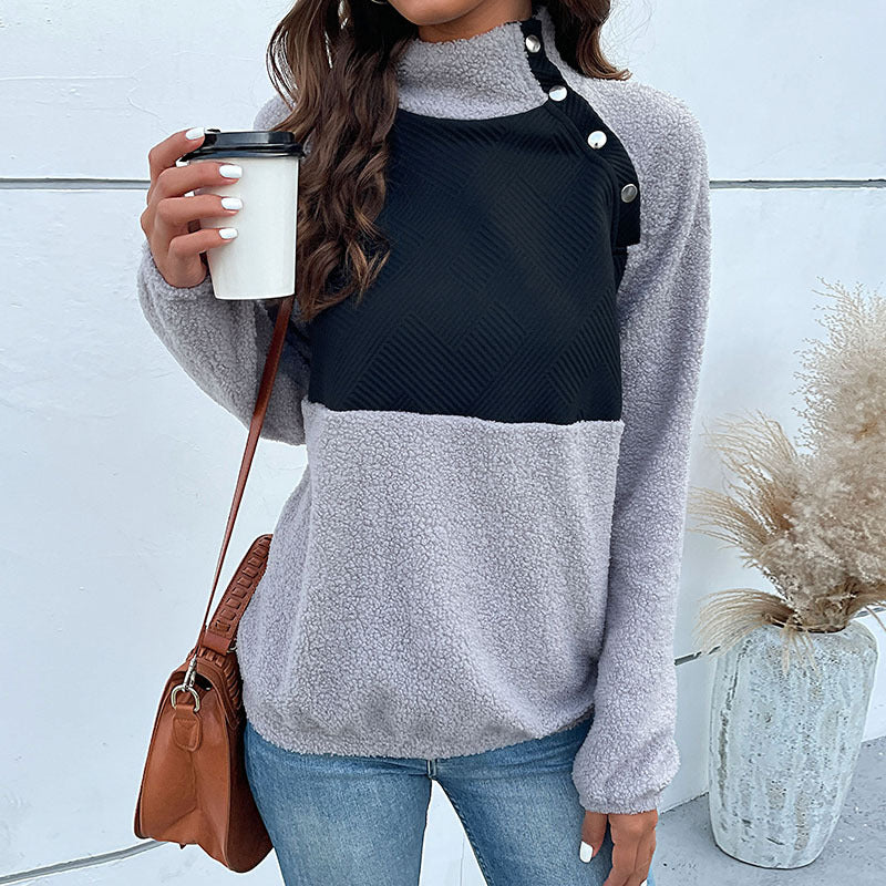Damen Kuscheliger Teddy‑Fleece‑Pullover mit gesteppter Brustpatte, Stehkragen und Druckknopfleiste Nord Taschen