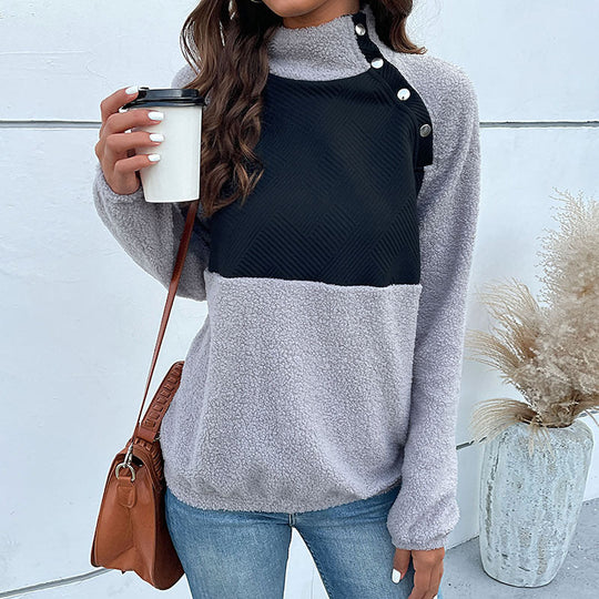 Damen Kuscheliger Teddy‑Fleece‑Pullover mit gesteppter Brustpatte, Stehkragen und Druckknopfleiste Nord Taschen