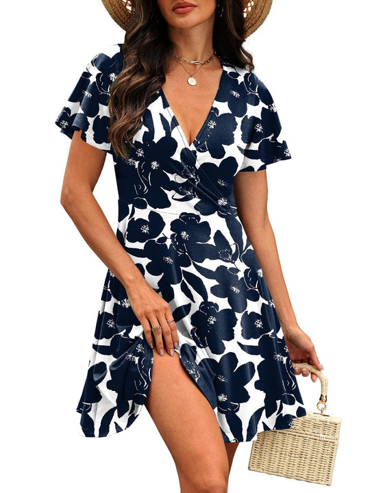 Damen Kurzärmeliges Wickelkleid mit floralen Mustern und V-Ausschnitt