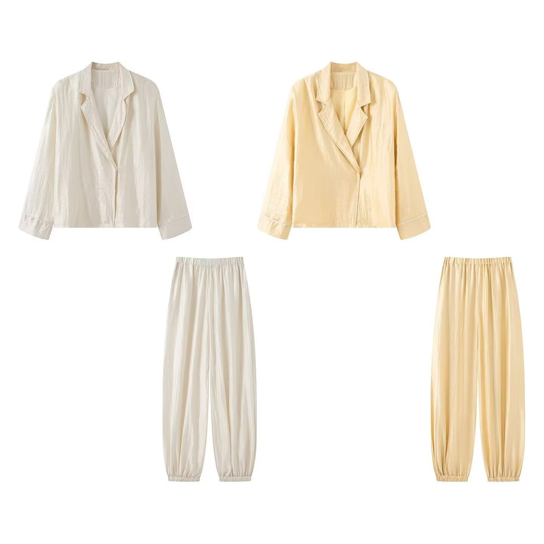 Damen Zweiteiliges Satin-Pyjama-Set mit Blazer-Oberteil und elastischer Bundhose Nord Taschen