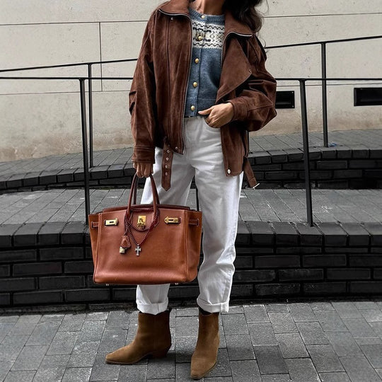 Damen Oversized Veloursleder-Blouson mit asymmetrischem Reißverschluss und Taillengürtel Nord Taschen
