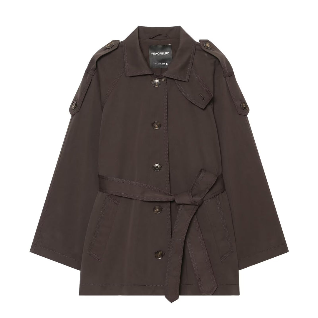 Damen Kurzer Trenchcape mit Taillengürtel, Epauletten und aufgesetzten Taschen Nord Taschen