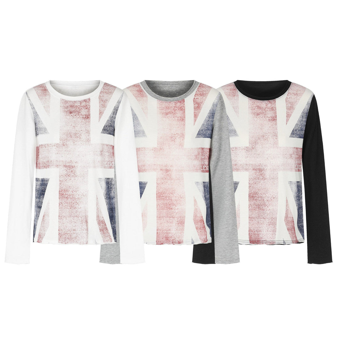 Damen Rundhals-Longsleeve aus Baumwollmix mit Vintage-Union-Jack-Print und Kontrastärmeln Nord Taschen