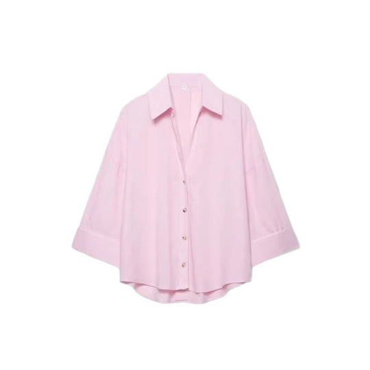 Damen Leichte Oversize Leinenoptik Bluse mit Dreiviertelärmeln und durchgehender Knopfleiste Nord Taschen