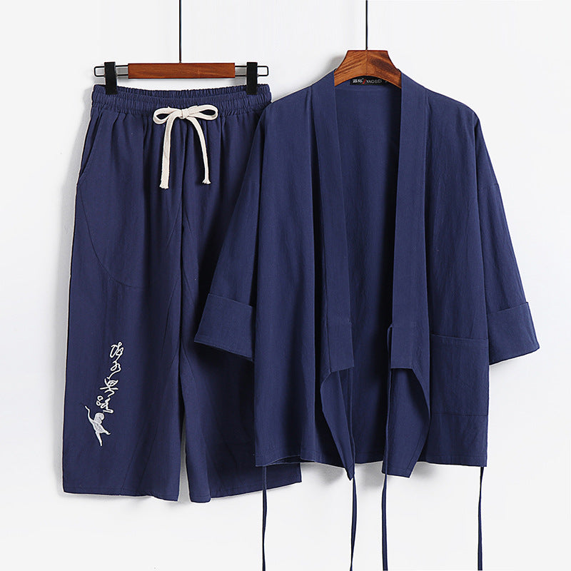 Unisex Leichtes Kimono-Loungewear-Set aus Baumwoll-Leinen mit bestickter Haremshose und Bindegürtel Nord Taschen