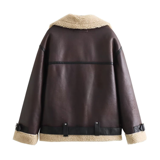 Damen Fliegerjacke im Bikerstil mit Teddyfutter, Kunstlederbesatz und Taillengürtel Nord Taschen