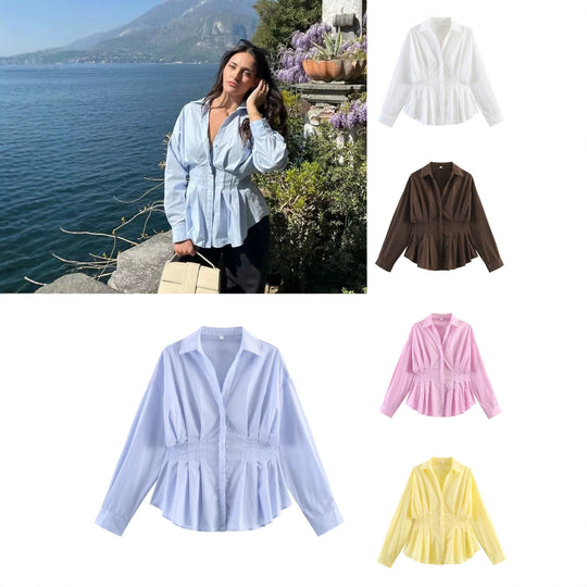 Damen Taillierte Blusenshirt-Jacke mit Kellerfalten und verdeckter Knopfleiste Nord Taschen