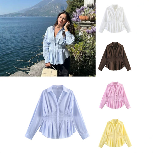 Damen Taillierte Blusenshirt-Jacke mit Kellerfalten und verdeckter Knopfleiste Nord Taschen