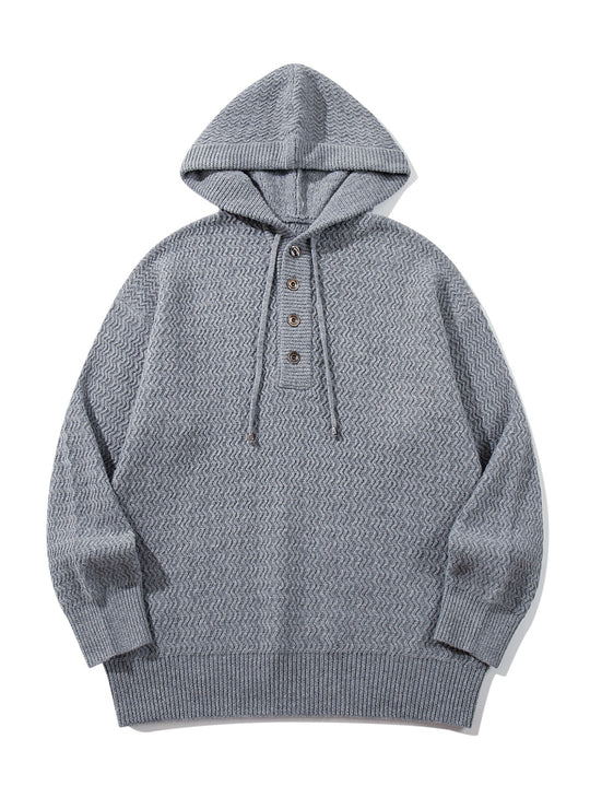 Unisex Strukturierter Kapuzen‑Strickpullover mit Henley‑Knopfleiste Nord Taschen