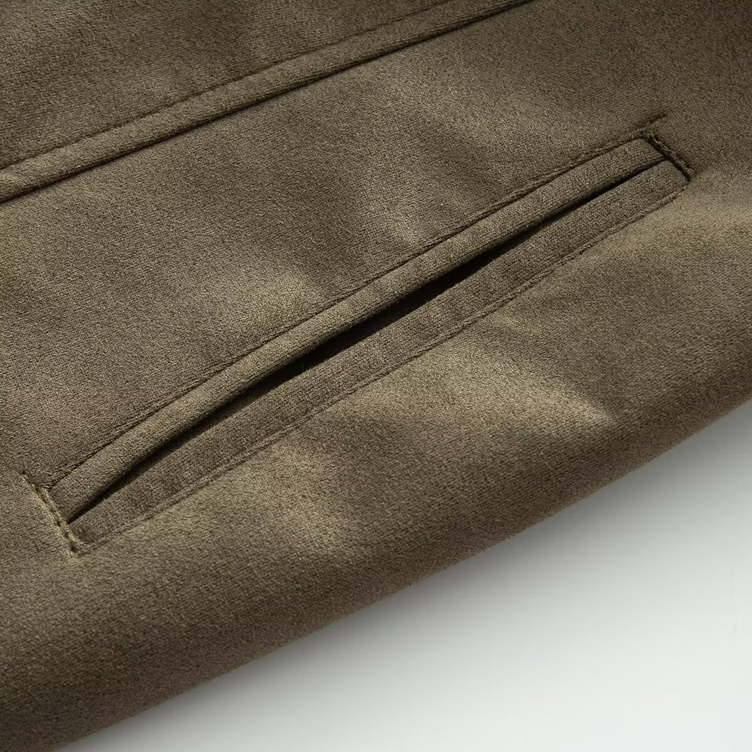 Damen Taillierter langer Mantel aus Veloursimitat mit Faux‑Fellkragen und Bindegürtel Nord Taschen