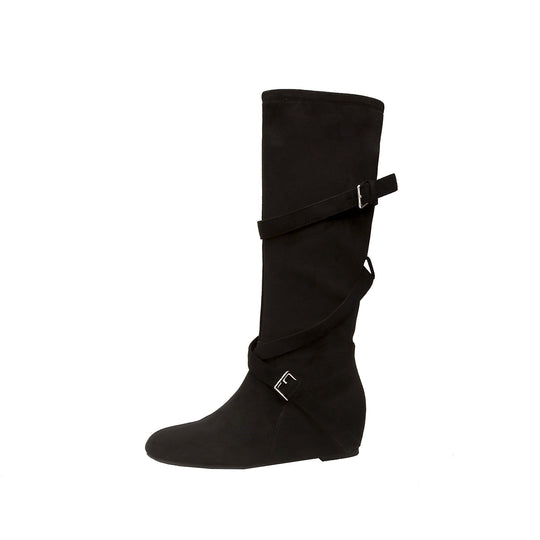 Damen Kniehohe Velourslederstiefel mit Wickelriemen und flachem Keilabsatz Nord Taschen