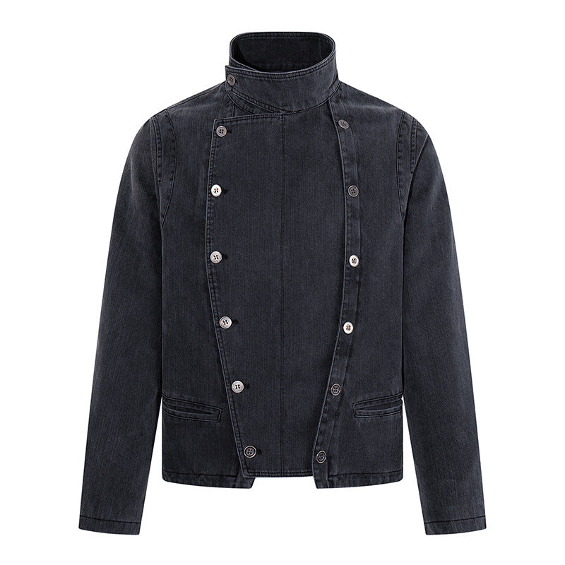 Herren asymmetrische Jeansjacke mit Stehkragen und zweireihiger Druckknopfleiste Nord Taschen