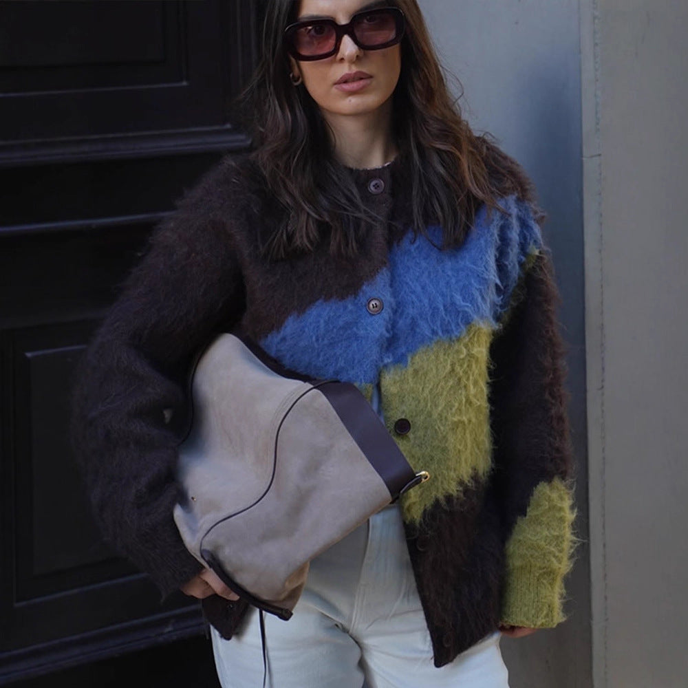 Damen Oversize Mohair-Blend Cardigan mit abstraktem Farbblock und Knopfleiste Nord Taschen
