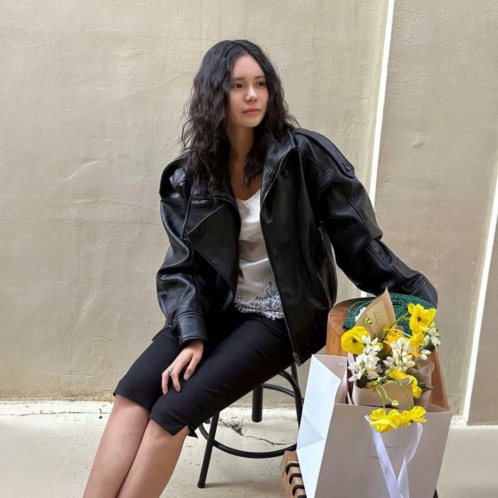 Damen Boxy-Lederimitat-Blouson mit strukturierter Narbung, doppelreihiger Knopfleiste & elastischem Saum Nord Taschen