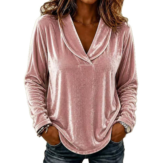 Damen Samt-Longsleeve mit tiefem V-Ausschnitt und lässigem Saum Nord Taschen