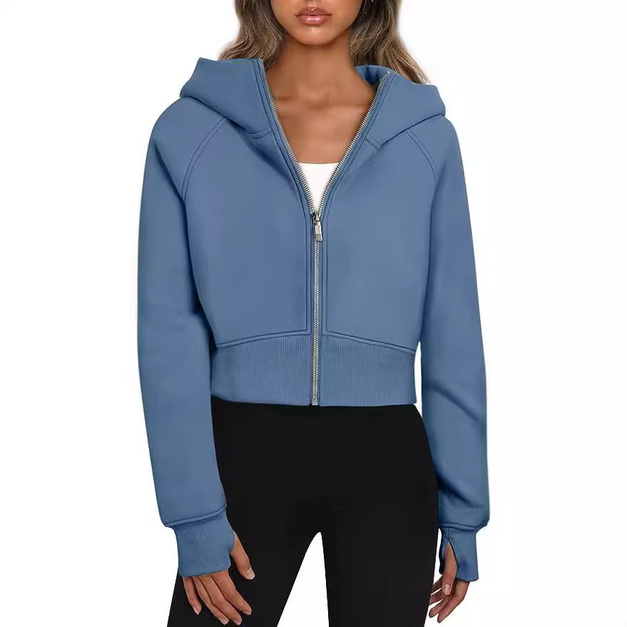 Damen Kurz geschnittener Performance-Kapuzenpullover mit durchgehendem Reißverschluss und Daumenlochbündchen Nord Taschen